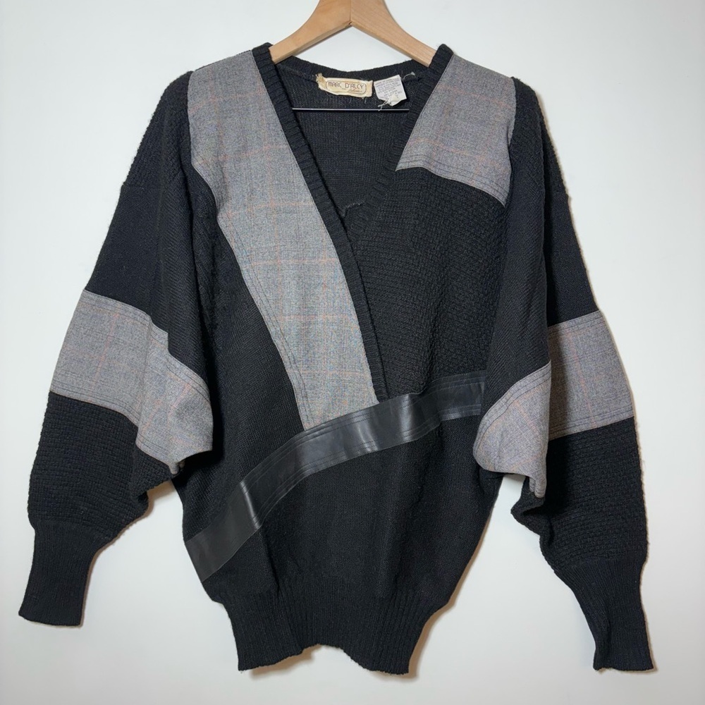 80s Dolman Sleeve Wool Sweater with Leather and Patchwork Details Size M Vintage